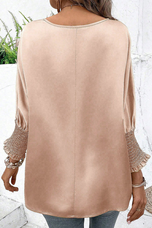 Elegant Shirred Mock Neck Dolman Sleeve Satin Blouse