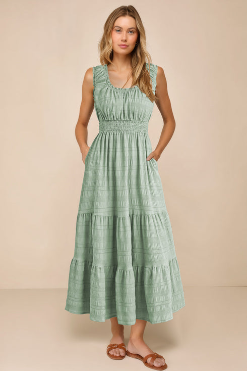 Elegant Smocked Square Neck Pleated Sleeveless Midi Dress