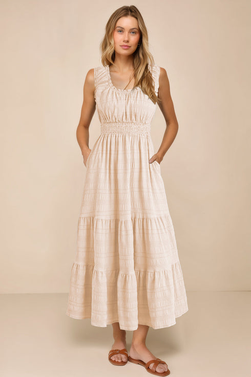 Elegant Smocked Square Neck Pleated Sleeveless Midi Dress