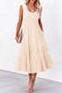 Elegant Smocked Square Neck Pleated Sleeveless Midi Dress