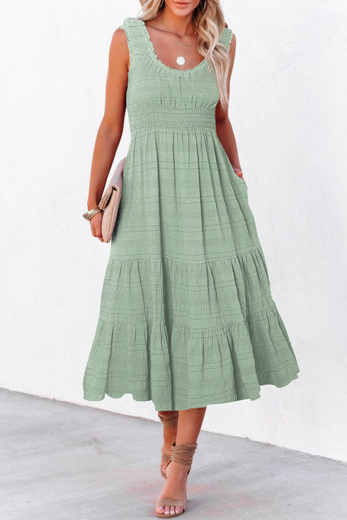 Elegant Smocked Square Neck Pleated Sleeveless Midi Dress