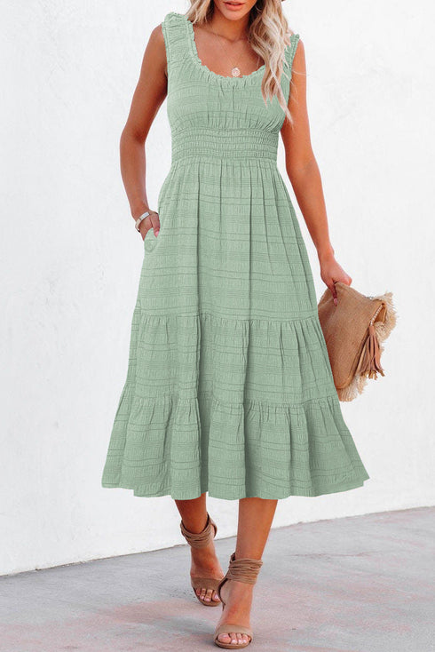 Elegant Smocked Square Neck Pleated Sleeveless Midi Dress