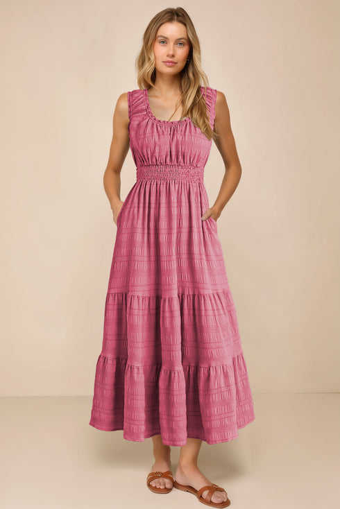 Elegant Smocked Square Neck Pleated Sleeveless Midi Dress
