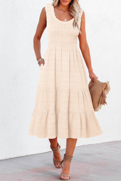 Elegant Smocked Square Neck Pleated Sleeveless Midi Dress