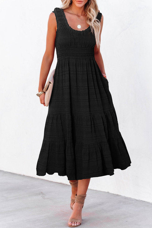 Elegant Smocked Square Neck Pleated Sleeveless Midi Dress