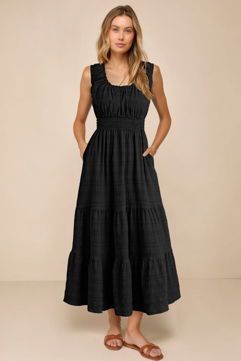 Elegant Smocked Square Neck Pleated Sleeveless Midi Dress
