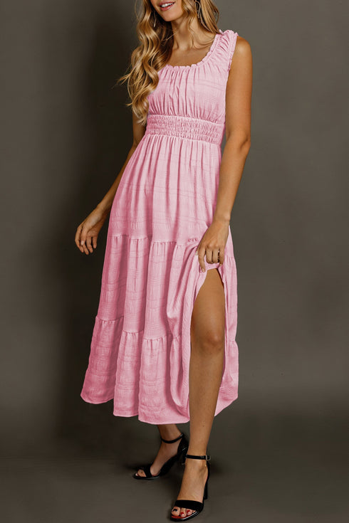 Elegant Smocked Square Neck Pleated Sleeveless Midi Dress