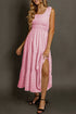 Elegant Smocked Square Neck Pleated Sleeveless Midi Dress