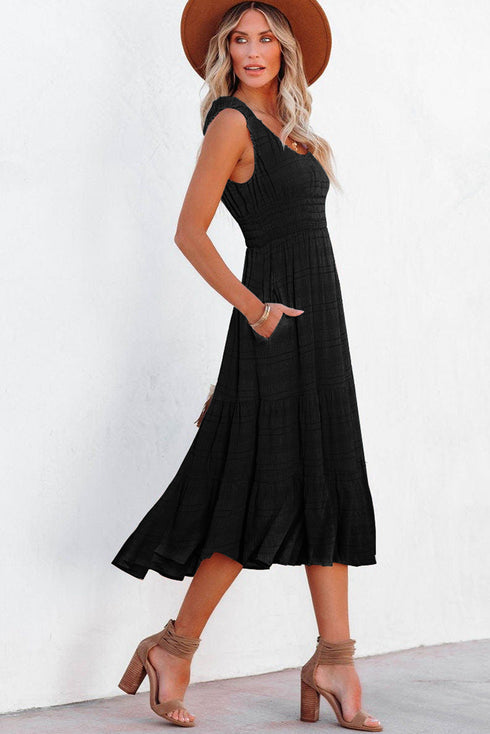 Elegant Smocked Square Neck Pleated Sleeveless Midi Dress