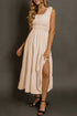 Elegant Smocked Square Neck Pleated Sleeveless Midi Dress