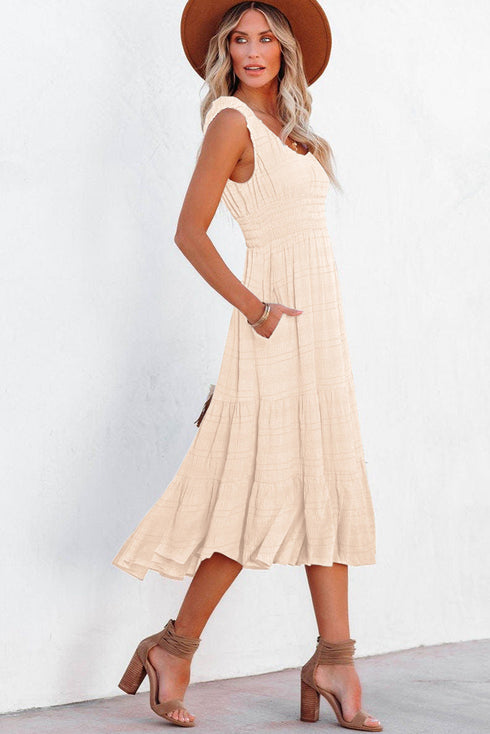 Elegant Smocked Square Neck Pleated Sleeveless Midi Dress