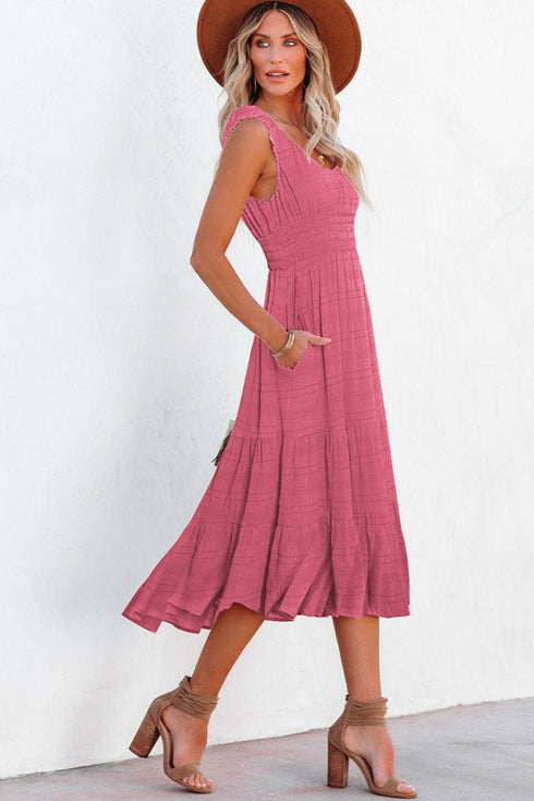 Elegant Smocked Square Neck Pleated Sleeveless Midi Dress
