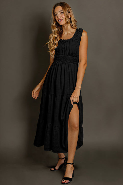 Elegant Smocked Square Neck Pleated Sleeveless Midi Dress