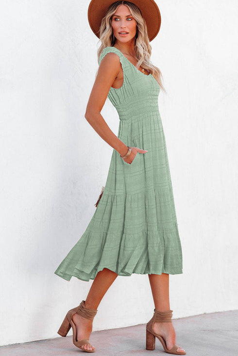 Elegant Smocked Square Neck Pleated Sleeveless Midi Dress