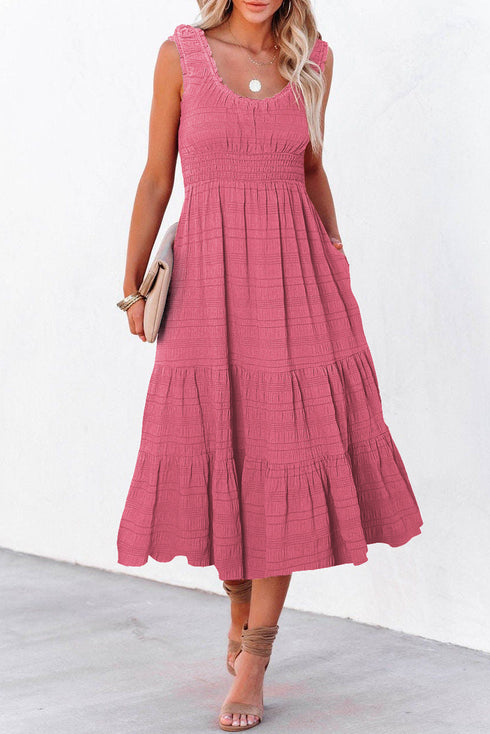 Elegant Smocked Square Neck Pleated Sleeveless Midi Dress