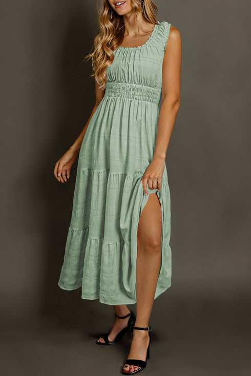 Elegant Smocked Square Neck Pleated Sleeveless Midi Dress