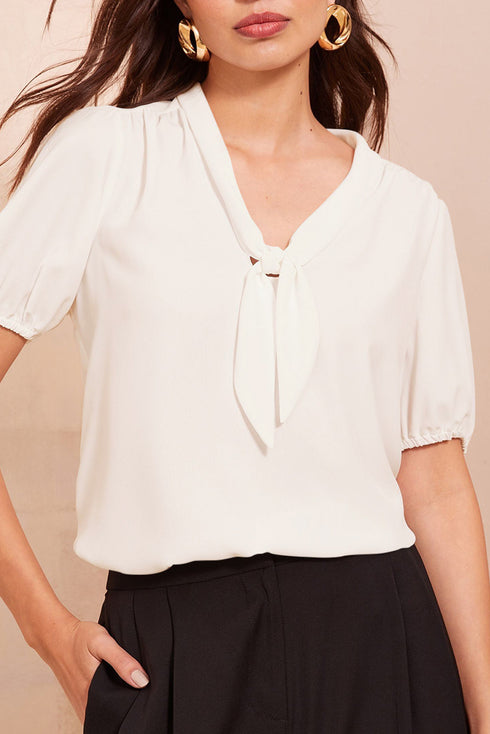 Elegant Solid Bow Tie V Neck Puff Sleeve Blouse