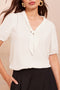 Elegant Solid Bow Tie V Neck Puff Sleeve Blouse