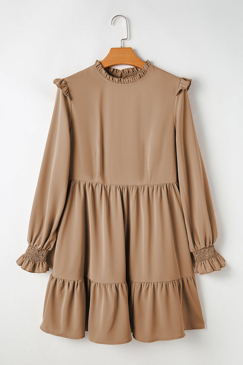 Elegant Solid Frilled Collar Ruffled Tiered Mini Dress