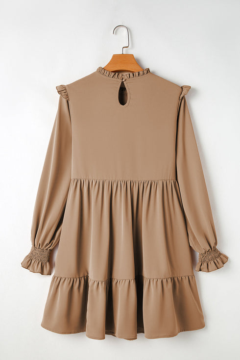 Elegant Solid Frilled Collar Ruffled Tiered Mini Dress
