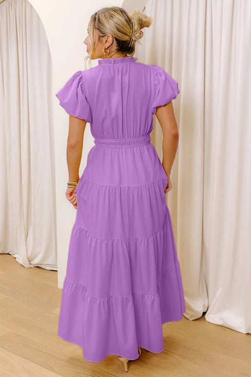 Elegant Solid High Waist Puff Sleeve Tiered Maxi Dress