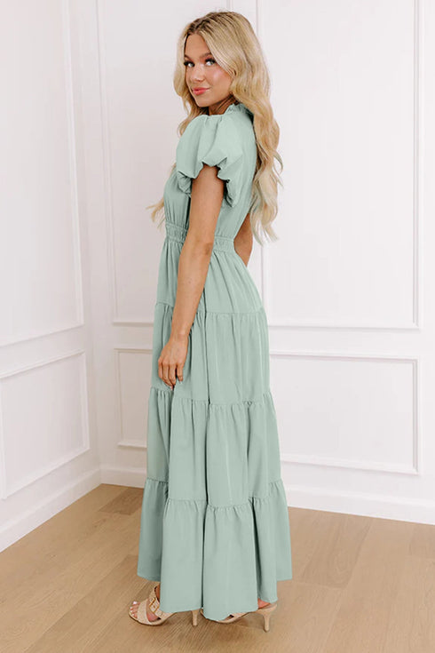 Elegant Solid High Waist Puff Sleeve Tiered Maxi Dress