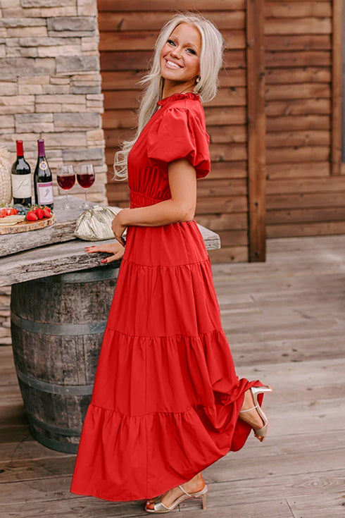 Elegant Solid High Waist Puff Sleeve Tiered Maxi Dress