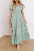 Elegant Solid High Waist Puff Sleeve Tiered Maxi Dress
