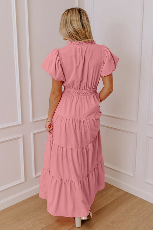 Elegant Solid High Waist Puff Sleeve Tiered Maxi Dress