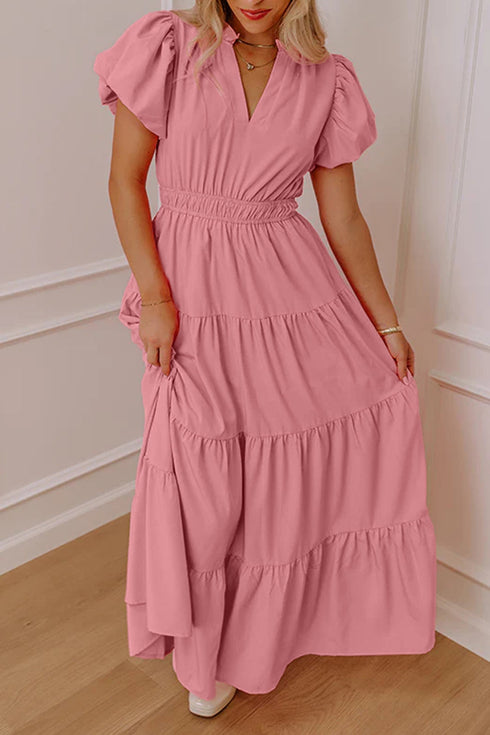 Elegant Solid High Waist Puff Sleeve Tiered Maxi Dress