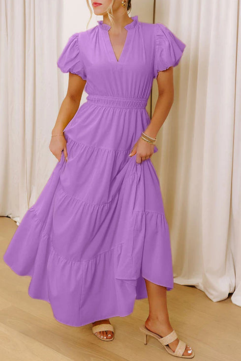 Elegant Solid High Waist Puff Sleeve Tiered Maxi Dress
