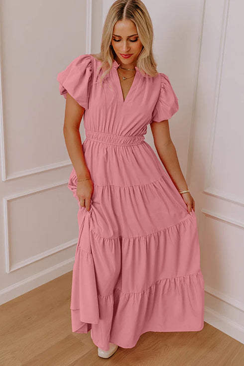 Elegant Solid High Waist Puff Sleeve Tiered Maxi Dress