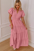 Elegant Solid High Waist Puff Sleeve Tiered Maxi Dress