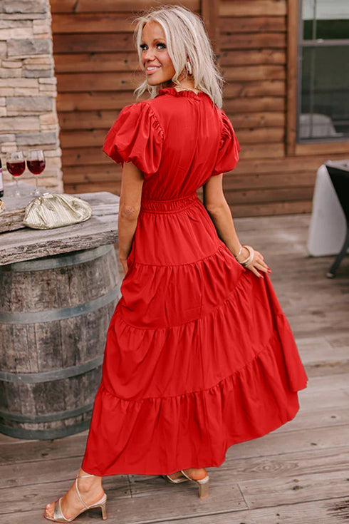 Elegant Solid High Waist Puff Sleeve Tiered Maxi Dress