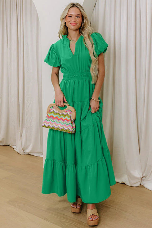 Elegant Solid High Waist Puff Sleeve Tiered Maxi Dress