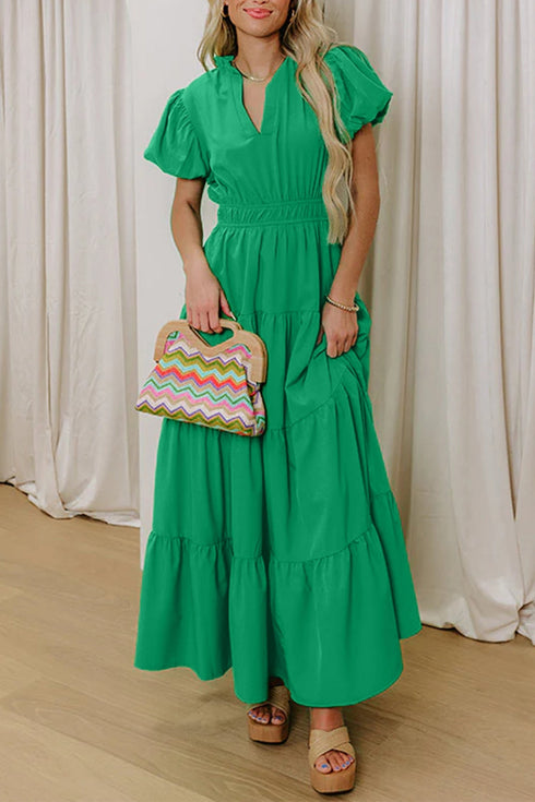 Elegant Solid High Waist Puff Sleeve Tiered Maxi Dress