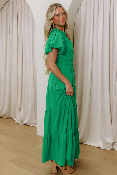 Elegant Solid High Waist Puff Sleeve Tiered Maxi Dress