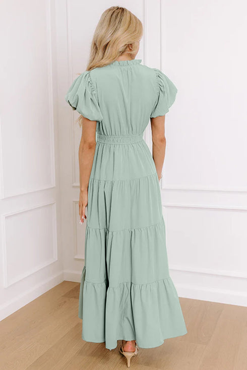 Elegant Solid High Waist Puff Sleeve Tiered Maxi Dress