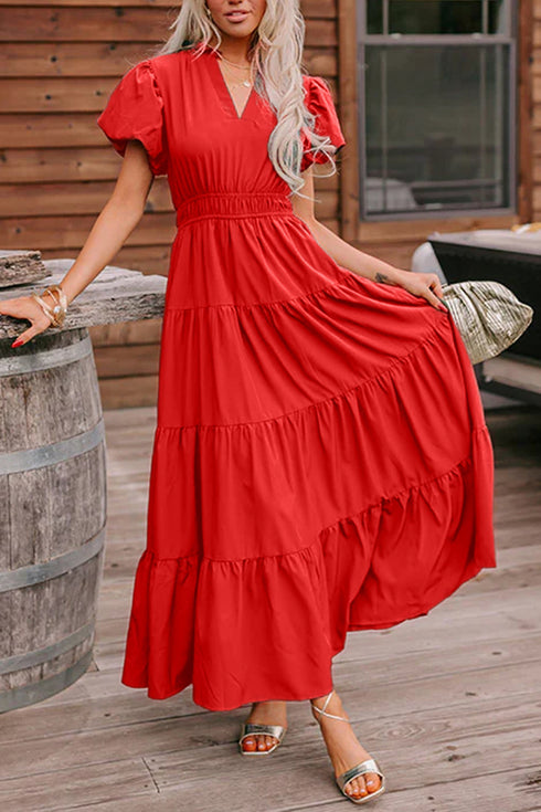 Elegant Solid High Waist Puff Sleeve Tiered Maxi Dress