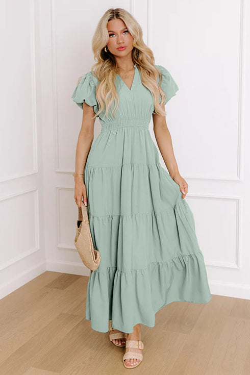 Elegant Solid High Waist Puff Sleeve Tiered Maxi Dress