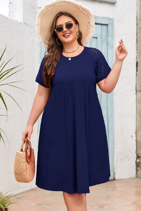 Elegant Solid Lace Short Sleeve Pleated Swing Mini Dress