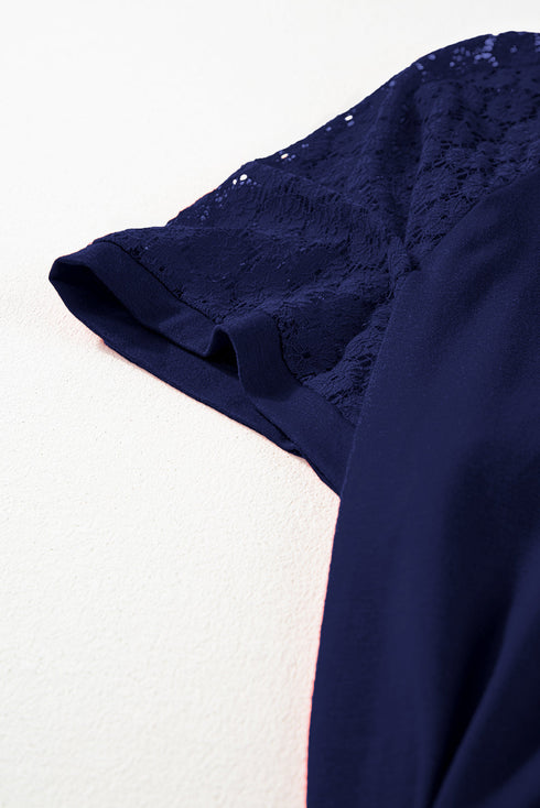Elegant Solid Lace Short Sleeve Pleated Swing Mini Dress