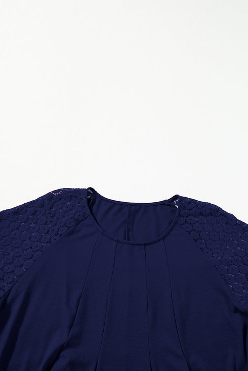 Elegant Solid Lace Short Sleeve Pleated Swing Mini Dress