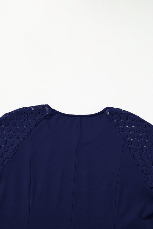 Elegant Solid Lace Short Sleeve Pleated Swing Mini Dress