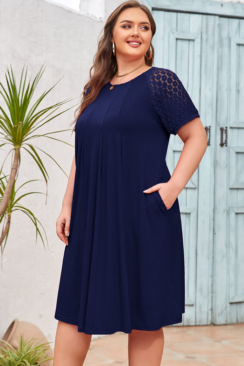 Elegant Solid Lace Short Sleeve Pleated Swing Mini Dress