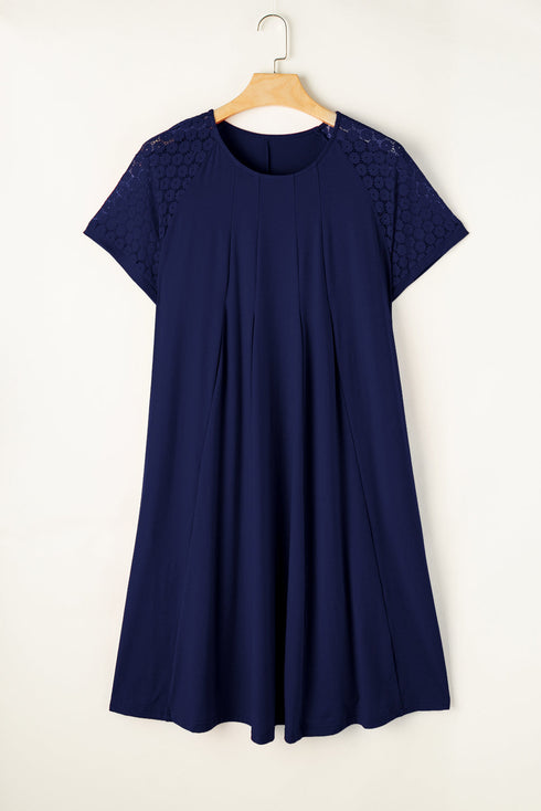 Elegant Solid Lace Short Sleeve Pleated Swing Mini Dress
