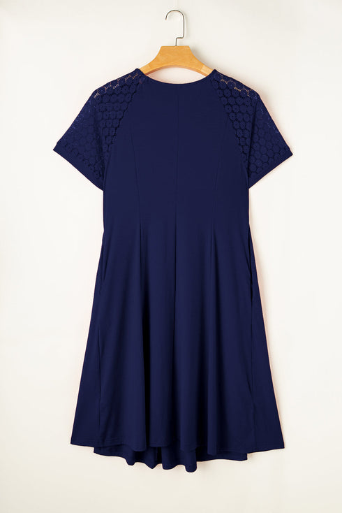 Elegant Solid Lace Short Sleeve Pleated Swing Mini Dress