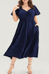 Elegant Solid Short Sleeve Lace Up High Waist Midi Dress