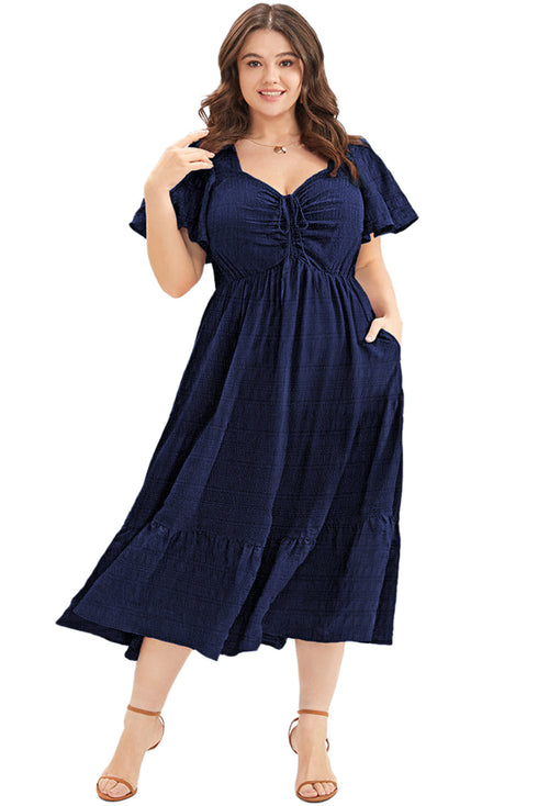 Elegant Solid Short Sleeve Lace Up High Waist Midi Dress