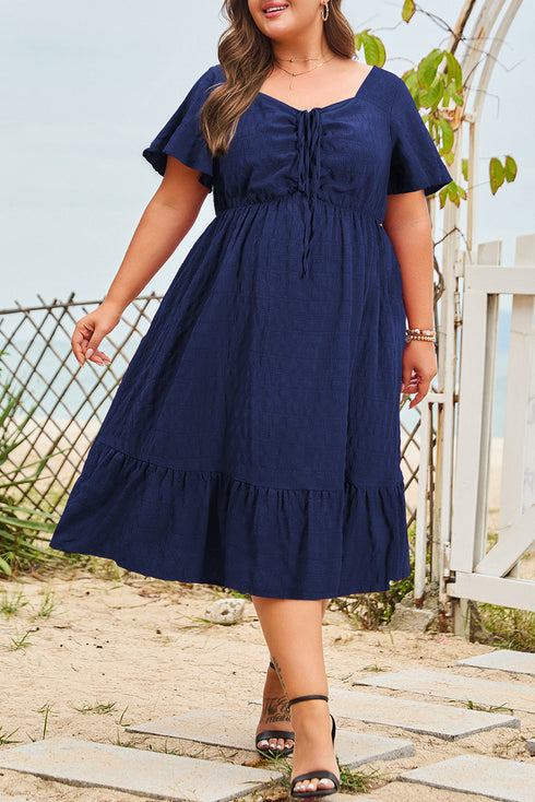 Elegant Solid Short Sleeve Lace Up High Waist Midi Dress